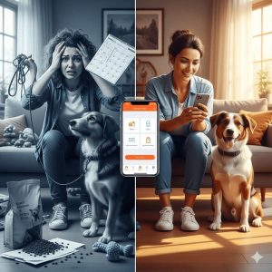 A happy pet owner using the Petzuno app to manage their dog's care effortlessly.