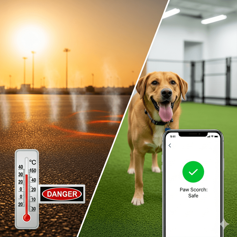 Comparison of dangerous outdoor heat versus a safe indoor dog park in the UAE